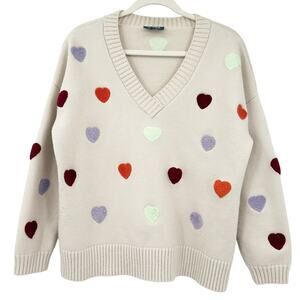 Modcloth Womens Neutral Novelty Valentines Day Heart Knit Pullover Sweater L Tan